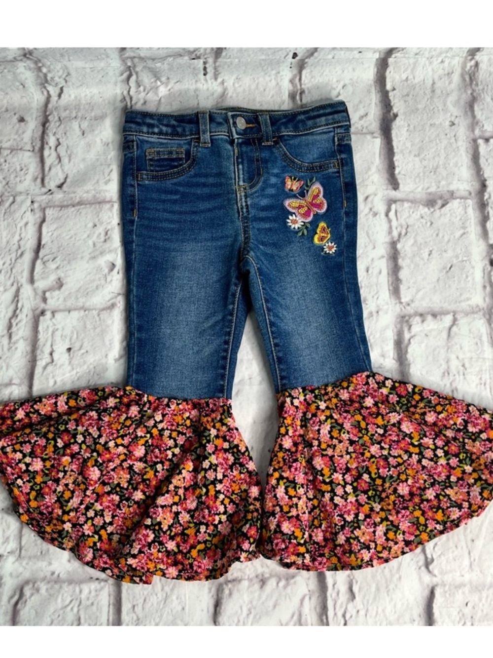 Girls Floral Bell Bottom flare Jeans Upcycled Denim Boho Pants size 3t